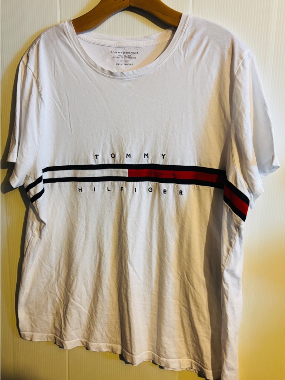 Tommy Hilfiger White Short Sleeve Logo Stripe Tee with Red & Navy Accents
